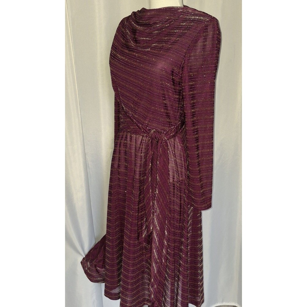 Vtg 70s Wine sash belt Polyester Draped neck metallic strips disco dress sz 9/10 - Picture 2 of 8